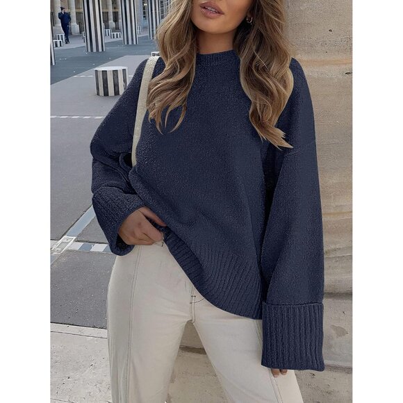 Women's Oversized Sweater Fuzzy Navy Blue Long Sleeve Casual Chunky Pullover - Picture 2 of 8